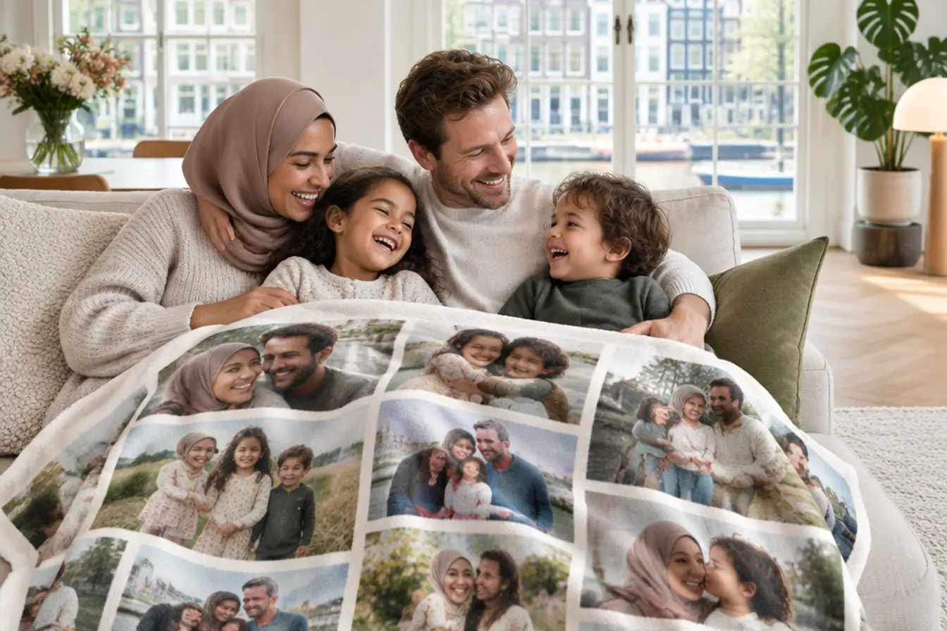 Een gezin op de bank onder een fotodeken met hun eigen foto’s