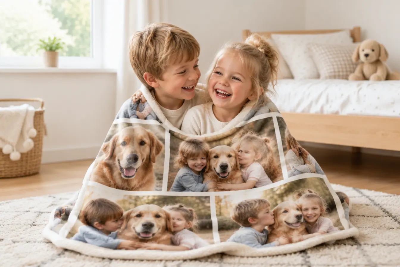 Een broer en zus samen onder een fotodeken