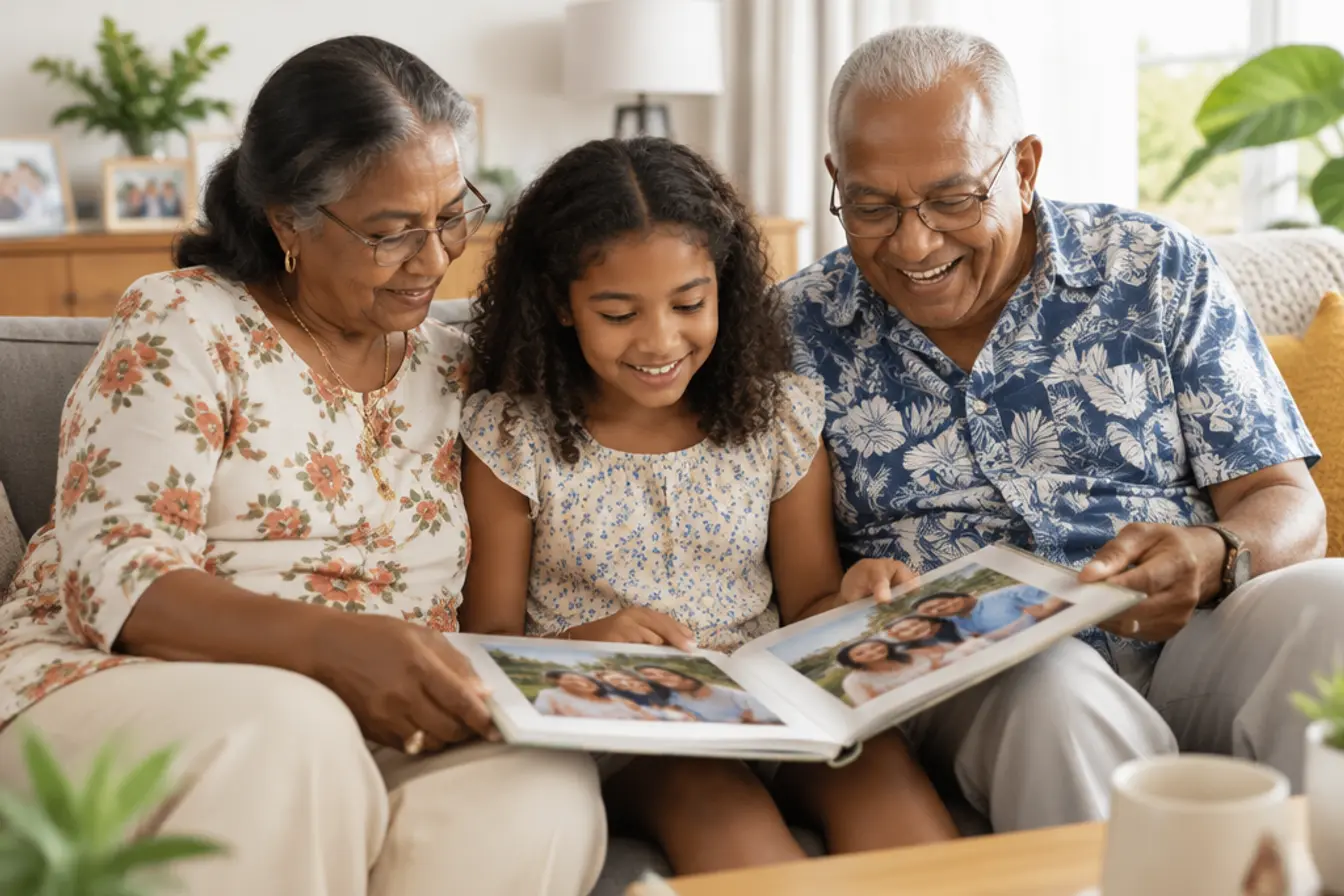 Opa en oma bladeren met hun kleindochter door een fotoboek